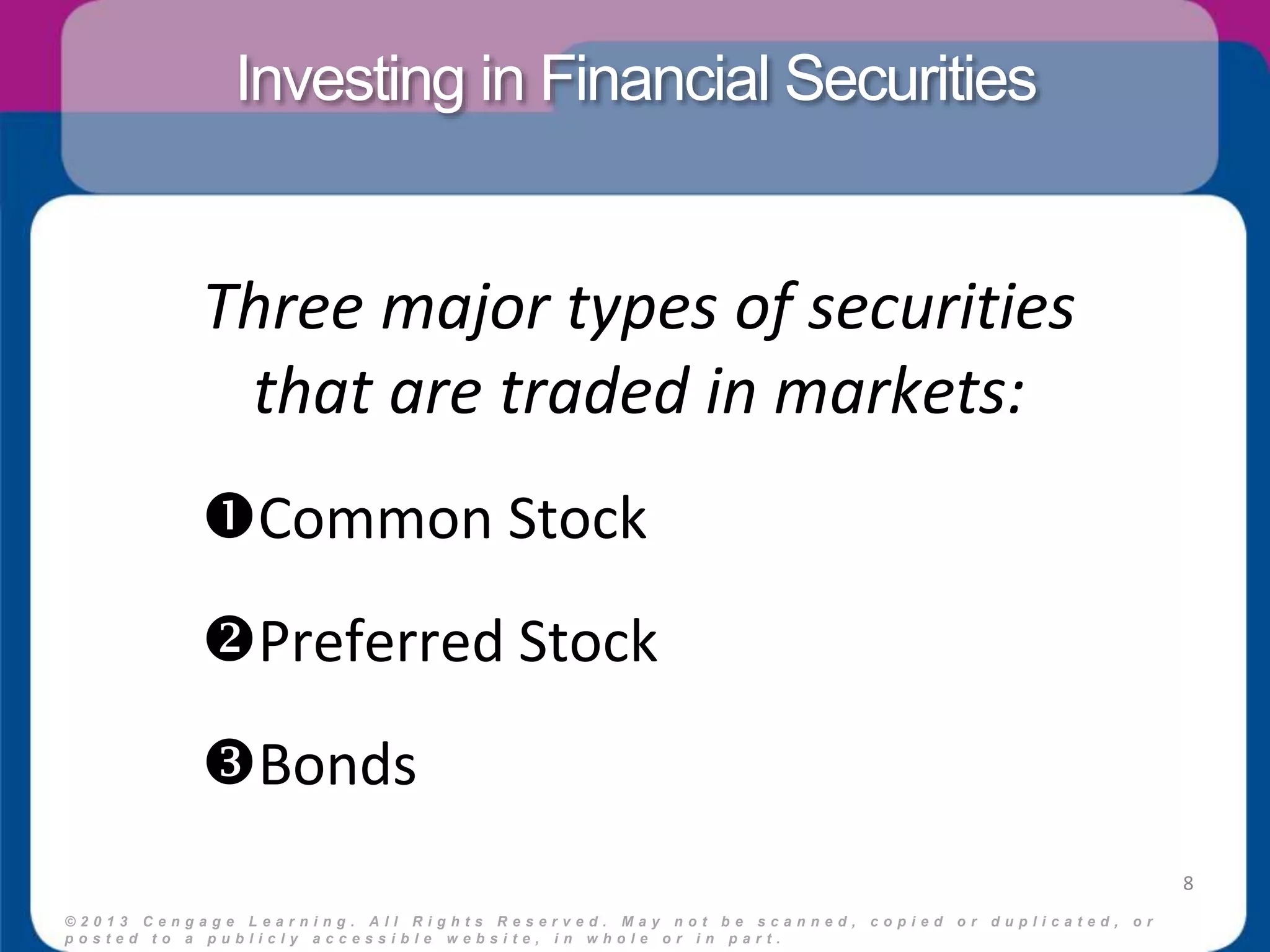 Investing in Financial Securities 
© 2 0 1 3 C e n g a g e L e a r n i n g . A l l R i g h t s R e s e r v e d . M a y n o t b e s c a n n e d , c o p i e d o r d u p l i c a t e d , o r 
p o s t e d t o a p u b l i c l y a c c e s s i b l e w e b s i t e , i n w h o l e o r i n p a r t . 
8 
Three major types of securities 
that are traded in markets: 
Common Stock 
Preferred Stock 
Bonds 
 