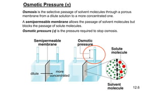 Osmotic Pressure (p)
12.6
Osmosis is the selective passage of solvent molecules through a porous
membrane from a dilute solution to a more concentrated one.
A semipermeable membrane allows the passage of solvent molecules but
blocks the passage of solute molecules.
Osmotic pressure (p) is the pressure required to stop osmosis.
dilute
more
concentrated
 
