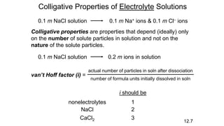 Colligative Properties of Electrolyte Solutions
12.7
0.1 m NaCl solution 0.1 m Na+ ions & 0.1 m Cl– ions
Colligative properties are properties that depend (ideally) only
on the number of solute particles in solution and not on the
nature of the solute particles.
0.1 m NaCl solution 0.2 m ions in solution
van’t Hoff factor (i) =
actual number of particles in soln after dissociation
number of formula units initially dissolved in soln
nonelectrolytes
NaCl
CaCl2
i should be
1
2
3
 