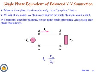 ‹#›
Eeng 224
Single Phase Equivalent of Balanced Y-Y Connection
 Balanced three phase circuits can be analyzed on “per phase “ basis..
 We look at one phase, say phase a and analyze the single phase equivalent circuit.
 Because the circuıit is balanced, we can easily obtain other phase values using their
phase relationships.
an
a
Y
V
I
Z

 