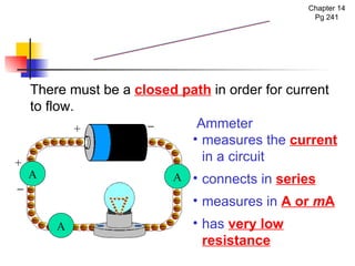 Ammeter measures the  current   in a circuit connects in  series measures in  A or  m A has  very low resistance There must be a  closed path  in order for current to flow. Ammeter Chapter 14 Pg 241 A A A +  +  