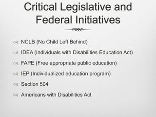 Critical Legislative and Federal InitiativesNCLB (No Child Left Behind)IDEA (Individuals with Disabilities Education Act)FAPE (Free appropriate public education)IEP (Individualized education program)Section 504Americans with Disabilities Act