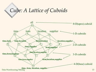 Data Warehousing/Mining 13
Cube: A Lattice of Cuboids
all
time item location supplier
time,item time,location
time,supplier
item,location
item,supplier
location,supplier
time,item,location
time,item,supplier
time,location,supplier
item,location,supplier
time, item, location, supplier
0-D(apex) cuboid
1-D cuboids
2-D cuboids
3-D cuboids
4-D(base) cuboid
 