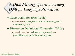 Data Warehousing/Mining 18
A Data Mining Query Language,
DMQL: Language Primitives
 Cube Definition (Fact Table)
define cube <cube_name> [<dimension_list>]:
<measure_list>
 Dimension Definition ( Dimension Table )
define dimension <dimension_name> as
(<attribute_or_subdimension_list>)
 