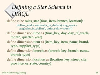 Data Warehousing/Mining 19
Defining a Star Schema in
DMQL
define cube sales_star [time, item, branch, location]:
dollars_sold = sum(sales_in_dollars), avg_sales =
avg(sales_in_dollars), units_sold = count(*)
define dimension time as (time_key, day, day_of_week,
month, quarter, year)
define dimension item as (item_key, item_name, brand,
type, supplier_type)
define dimension branch as (branch_key, branch_name,
branch_type)
define dimension location as (location_key, street, city,
province_or_state, country)
 