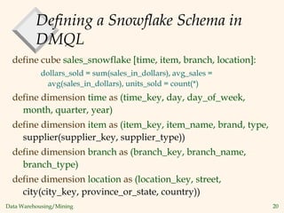 Data Warehousing/Mining 20
Defining a Snowflake Schema in
DMQL
define cube sales_snowflake [time, item, branch, location]:
dollars_sold = sum(sales_in_dollars), avg_sales =
avg(sales_in_dollars), units_sold = count(*)
define dimension time as (time_key, day, day_of_week,
month, quarter, year)
define dimension item as (item_key, item_name, brand, type,
supplier(supplier_key, supplier_type))
define dimension branch as (branch_key, branch_name,
branch_type)
define dimension location as (location_key, street,
city(city_key, province_or_state, country))
 