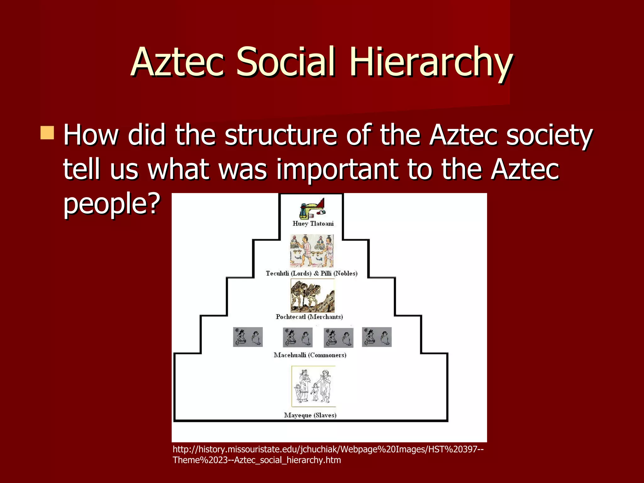 Aztec Social Hierarchy
   How did the structure of the Aztec society
    tell us what was important to the Aztec
    people?




            http://history.missouristate.edu/jchuchiak/Webpage%20Images/HST%20397--
            Theme%2023--Aztec_social_hierarchy.htm
 