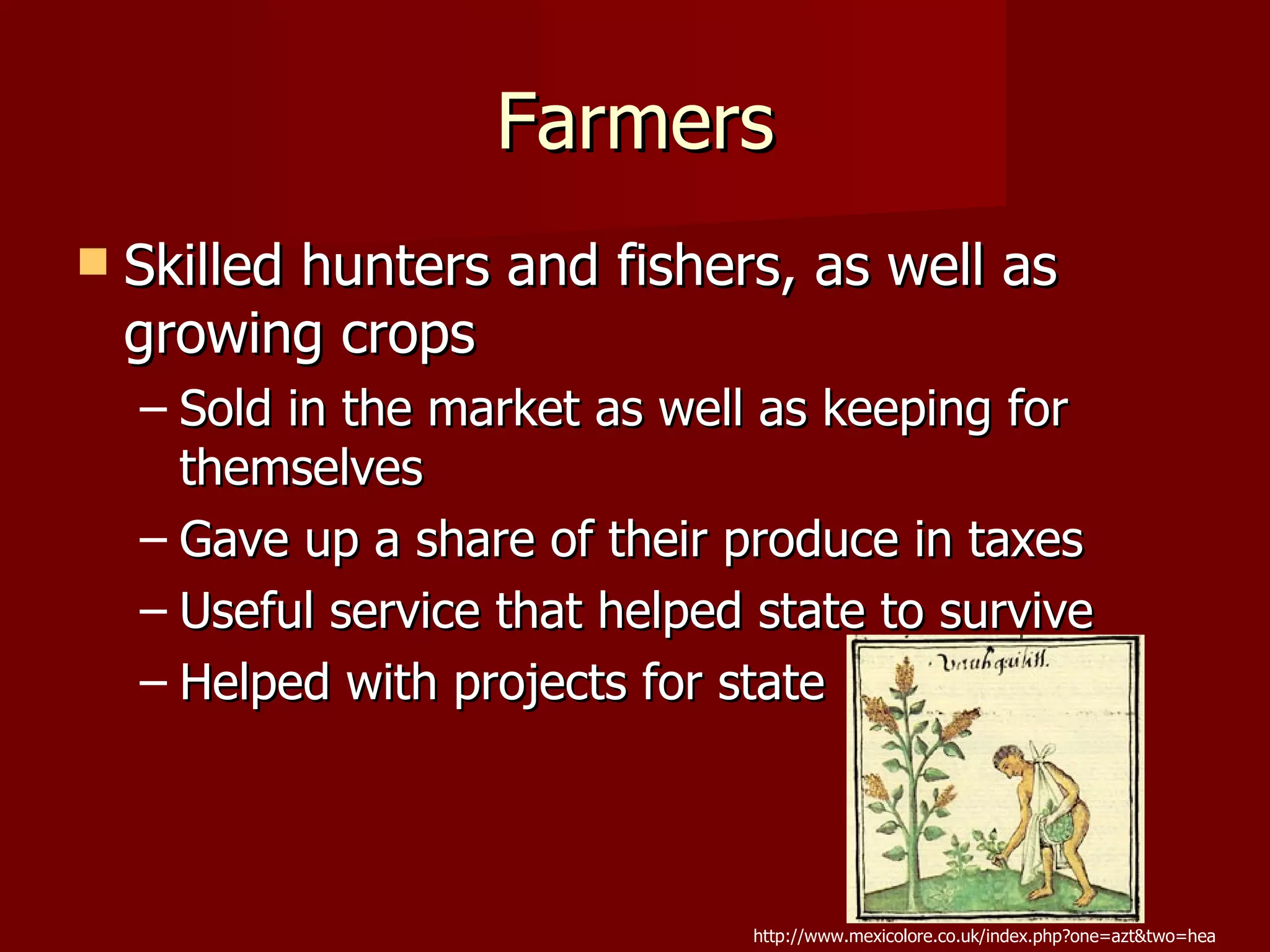 Farmers
   Skilled hunters and fishers, as well as
    growing crops
    – Sold in the market as well as keeping for
      themselves
    – Gave up a share of their produce in taxes
    – Useful service that helped state to survive
    – Helped with projects for state



                                http://www.mexicolore.co.uk/index.php?one=azt&two=hea
 