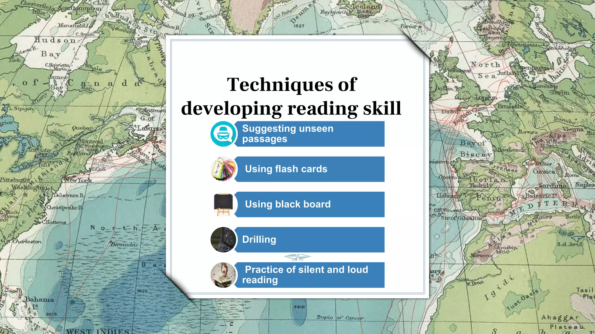 Techniques of
developing reading skill
Suggesting unseen
passages
Using flash cards
Using black board
Drilling
Practice of silent and loud
reading
 