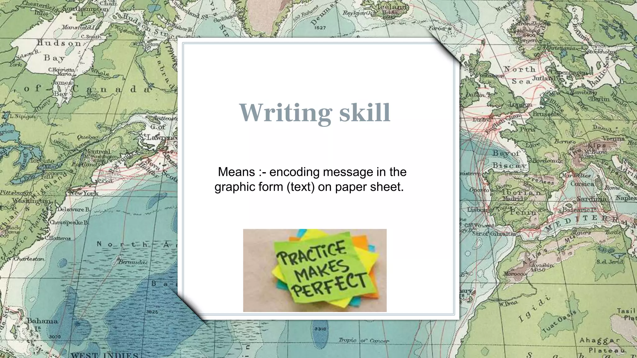 Writing skill
Means :- encoding message in the
graphic form (text) on paper sheet.
 