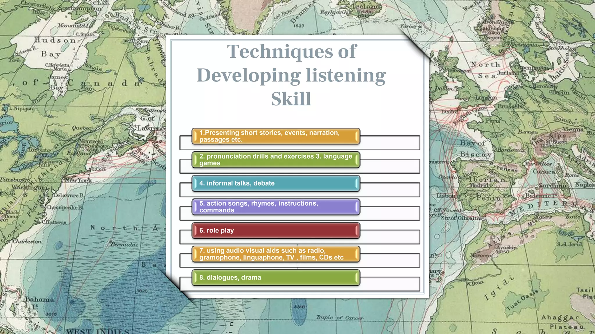 Techniques of
Developing listening
Skill
1.Presenting short stories, events, narration,
passages etc.
2. pronunciation drills and exercises 3. language
games
4. informal talks, debate
5. action songs, rhymes, instructions,
commands
6. role play
7. using audio visual aids such as radio,
gramophone, linguaphone, TV , films, CDs etc
8. dialogues, drama
 