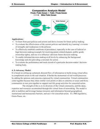 E- Governance Chapter – I Introduction to E-Government
New Satara College of BCA Pandharpur 15 Prof. Kirpekar R.R.
Applications:
 To learn from past policies and actions and derive lessons for future policy-making.
 To evaluate the effectiveness of the current policies and identify key learning’s in terms
of strengths and weaknesses in the policies.
 To effectively establish conditions of precedence, especially in the case of Judicial or
legal decision-making (example for resolving patent-related disputes, public goods
ownership rights), and use it to influence/ advocate future decision-making.
 To enable informed decision-making at all levels by enhancing the background
knowledge and also providing a rationale for action.
 To evaluate the performance and track-record of a particular decision-maker/ decision-
making body.
4. E-Advocacy Model:
It is based on setting up a planned, directed flow of information to build strong virtual allies
to complement action in the real situation. It builds the momentum of real world processes
by adding the opinions and concerns expressed by virtual communities. Virtual communities
come together because they share similar view points or idea or concerns or issues and these
communities in turn join together to support real life group activities for concerted action.
The strength of this is in its diversity of the virtual community, and the ideas,
expertise and resources accumulated through this virtual form of networking. The model is
able to mobilize and leverage human resources and information beyond geographical,
institutional and bureaucratic barriers, and use it for concerted action. Ex. PRS legislative,
Green Peace, etc.
 