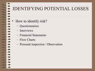IDENTIFYING POTENTIAL LOSSES

• How to identify risk?
   –   Questionnaires
   –   Interviews
   –   Financial Statements
   –   Flow Charts
   –   Personal inspection / Observation
 