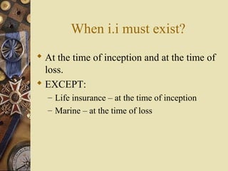 When i.i must exist?
 At the time of inception and at the time of
  loss.
 EXCEPT:
  – Life insurance – at the time of inception
  – Marine – at the time of loss
 
