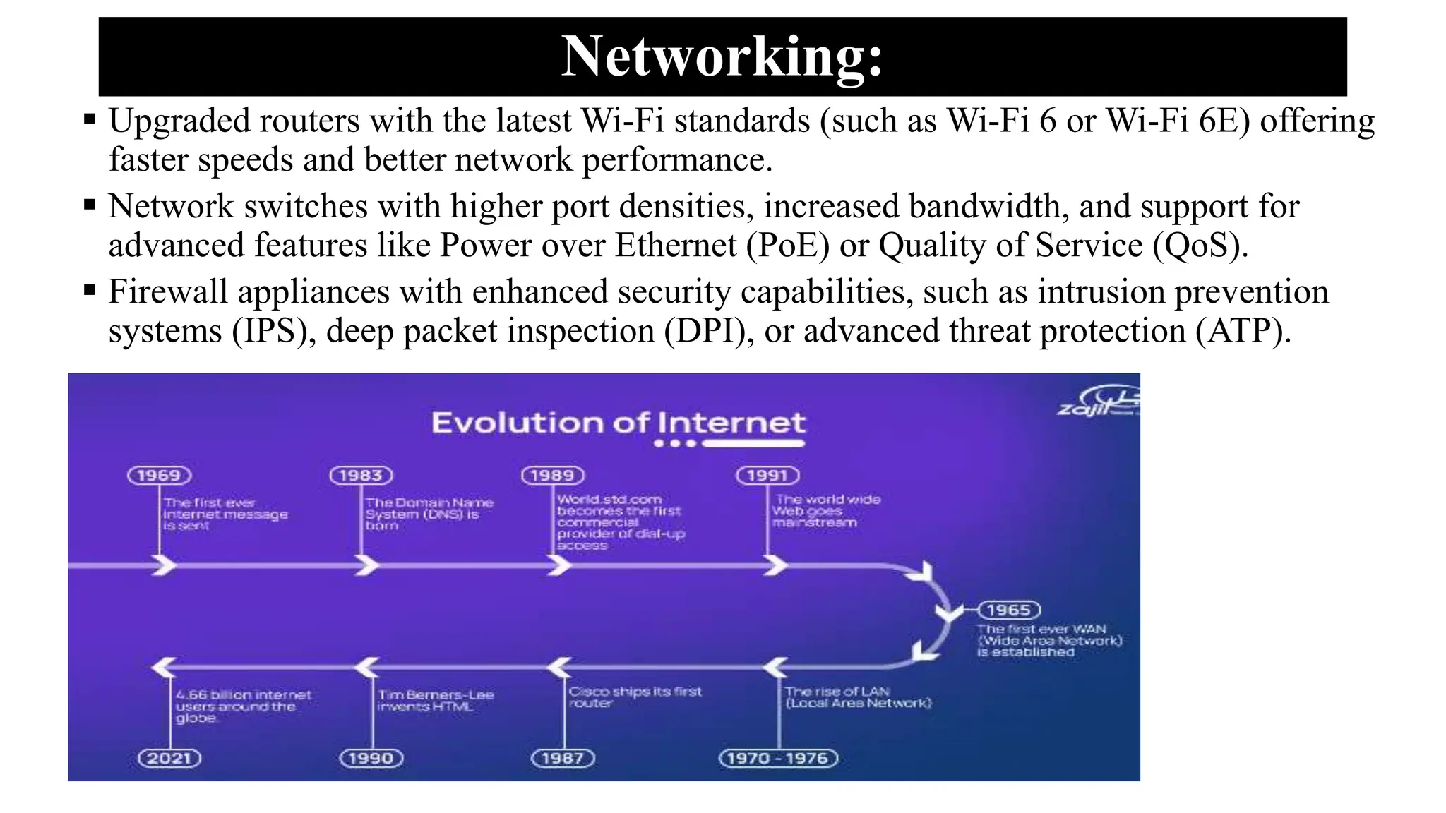 Networking:
 Upgraded routers with the latest Wi-Fi standards (such as Wi-Fi 6 or Wi-Fi 6E) offering
faster speeds and better network performance.
 Network switches with higher port densities, increased bandwidth, and support for
advanced features like Power over Ethernet (PoE) or Quality of Service (QoS).
 Firewall appliances with enhanced security capabilities, such as intrusion prevention
systems (IPS), deep packet inspection (DPI), or advanced threat protection (ATP).
 