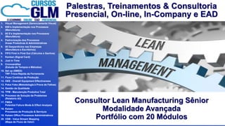 Palestras, Treinamentos & Consultoria
Presencial, On-line, In-Company e EAD
Consultor Lean Manufacturing Sênior
Modalidade Avançada
Portfólio com 20 Módulos
1. Visual Management (Gerenciamento Visual)
2. 05S’s Implementação nos Processos
(Manufatura)
3. 05 S’s Implementação nos Processos
(Manufatura)
4. Padronização dos Processos
Áreas Produtivas & Administrativas
5. 08 Desperdícios nas Empresas
(Manufatura e Escritórios)
6. FIFO First in First Out (Cálculos e Ganhos)
7. Kanban (Signal Card)
8. Just in Time
9. Cronoanálise
(Estudo de Tempos e Métodos)
10. Set up (SMED)
TRF-Troca Rápida da Ferramenta
11. Fluxo Contínuo de Produção
12. OEE - Overall Equipment Effectiveness
13. Poka-Yoke (Metodologia à Prova de Falhas)
14. Gestão da Qualidade
15. TPM - Manutenção Produtiva Total
16. Processo de Solução de Problemas
(Relatório A3)
17. FMEA
Potential Failure Mode & Effect Analysis
18. Kaizen
Processos de Produção & Serviços
19. Kaizen Office Processos Administrativos
20. VSM - Value Stream Mapping
(Mapa de Fluxo de Valor)
 