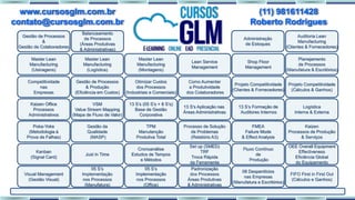 Auditoria Lean
Manufacturing
(Clientes & Fornecedores)
05 S’s
Implementação
nos Processos
(Office)
Padronização
dos Processos
Áreas Produtivas
& Administrativas
08 Desperdícios
nas Empresas
(Manufatura e Escritórios)
05 S’s
Implementação
nos Processos
(Manufatura)
Visual Management
(Gestão Visual)
FIFO First in First Out
(Cálculos e Ganhos)
Cronoanálise
Estudos de Tempos
e Métodos
Set up (SMED)
TRF
Troca Rápida
da Ferramenta
Fluxo Contínuo
de
Produção
Just in Time
Kanban
(Signal Card)
OEE Overall Equipment
Effectiveness
Eficiência Global
do Equipamento
TPM
Manutenção
Produtiva Total
Processo de Solução
de Problemas
(Relatório A3)
FMEA
Failure Mode
& Effect Analysis
Gestão da
Qualidade
(MASP)
Poka-Yoke
(Metodologia à
Prova de Falhas)
Kaizen
Processos de Produção
& Serviços
13 S’s (05 S’s + 8 S’s)
Base de Gestão
Corporativa
13 S's Aplicação nas
Áreas Administrativas
13 S’s Formação de
Auditores Internos
VSM
Value Stream Mapping
(Mapa de Fluxo de Valor)
Kaizen Office
Processos
Administrativos
Logística
Interna & Externa
Otimizar Custos
dos Processos
(Industriais e Comerciais)
Como Aumentar
a Produtividade
dos Colaboradores
Projeto Competitividade
(Clientes & Fornecedores)
Gestão de Processos
& Produção
(Eficiência em Custos)
Competitividade
nas
Empresas
Projeto Competitividade
(Cálculos & Ganhos)
Lean Service
Management
Shop Floor
Management
Planejamento
de Processos
(Manufatura & Escritórios)
Master Lean
Manufacturing
(Montagens)
Master Lean
Manufacturing
(Logística)
Gestão de Processos
&
Gestão de Colaboradores
Master Lean
Manufacturing
(Usinagens)
www.cursosglm.com.br
contato@cursosglm.com.br
(11) 981611428
Roberto Rodrigues
Balanceamento
de Processos
(Áreas Produtivas
& Administrativas)
Administração
de Estoques
 