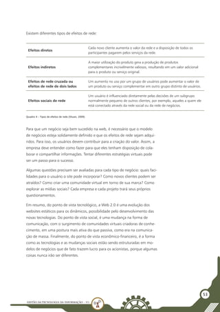 GESTÃO DATECNOLOGIA DA INFORMAÇÃO - U1
53
Existem diferentes tipos de efeitos de rede:
Efeitos diretos
Cada novo cliente aumenta o valor da rede e a disposição de todos os
participantes pagarem pelos serviços da rede.
Efeitos indiretos
A maior utilização do produto gera a produção de produtos
complementares incrivelmente valiosos, resultando em um valor adicional
para o produto ou serviço original.
Efeitos de rede cruzada ou
efeitos de rede de dois lados
Um aumento no uso por um grupo de usuários pode aumentar o valor de
um produto ou serviço complementar em outro grupo distinto de usuários.
Efeitos sociais de rede
Um usuário é influenciado diretamente pelas decisões de um subgrupo
normalmente pequeno de outros clientes; por exemplo, aqueles a quem ele
está conectado através da rede social ou da rede de negócios.
Quadro 4 – Tipos de efeitos de rede (Shuen, 2009)
Para que um negócio seja bem sucedido na web, é necessário que o modelo
de negócios esteja solidamente definido e que os efeitos de rede sejam adqui-
ridos. Para isso, os usuários devem contribuir para a criação do valor. Assim, a
empresa deve entender como fazer para que eles tenham disposição de cola-
borar e compartilhar informações. Tentar diferentes estratégias virtuais pode
ser um passo para o sucesso.
Algumas questões precisam ser avaliadas para cada tipo de negócio: quais faci-
lidades para o usuário o site pode incorporar? Como novos clientes podem ser
atraídos? Como criar uma comunidade virtual em torno de sua marca? Como
explorar as mídias sociais? Cada empresa e cada projeto trará seus próprios
questionamentos.
Em resumo, do ponto de vista tecnológico, a Web 2.0 é uma evolução dos
websites estáticos para os dinâmicos, possibilidade pelo desenvolvimento das
novas tecnologias. Do ponto de vista social, é uma mudança na forma de
comunicação, com o surgimento de comunidades virtuais criadoras de conhe-
cimento, em uma postura mais ativa do que passiva, como era na comunica-
ção de massa. Finalmente, do ponto de vista econômico-financeiro, é a forma
como as tecnologias e as mudanças sociais estão sendo estruturadas em mo-
delos de negócios que de fato trazem lucro para os acionistas, porque algumas
coisas nunca irão ser diferentes.
 
