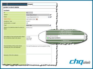 • Screen Grab:
   • Accident & Injury report
   • Pupil profile showing A&I
 