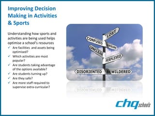 Improving Decision
Making in Activities
& Sports
Understanding how sports and
activities are being used helps
optimise a school’s resources
 Are facilities and assets being
  optimised?
 Which activities are most
  popular?
 Are students taking advantage
  of the options available?
 Are students turning up?
 Are they safe?
 Are more staff required to
  supervise extra-curricular?
 