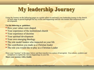 Hope Africa - Christian Leadership and ManagementHope Africa - Christian Leadership and Management 1414
My leadership JourneyMy leadership Journey
Using the Journey on the following pages as a guide reflect on and track your leadership journey in the church.Using the Journey on the following pages as a guide reflect on and track your leadership journey in the church.
At each stage or period highlight the key events and happenings and the role models that influenced yourAt each stage or period highlight the key events and happenings and the role models that influenced your
development.development.
Use the following as guidelines.Use the following as guidelines.
 How your values were shapedHow your values were shaped
 Your experience of the institutional churchYour experience of the institutional church
 Your experience of doctrineYour experience of doctrine
 Your spiritual developmentYour spiritual development
 Your own emerging theologyYour own emerging theology
 The role model leaders who impacted on your lifeThe role model leaders who impacted on your life
 The contribution you made as a Christian leaderThe contribution you made as a Christian leader
 The role you would like to play as a Christian LeaderThe role you would like to play as a Christian Leader
Draw your “journey” in the space below and then transfer it to a piece of newsprint. Use colours, symbols andDraw your “journey” in the space below and then transfer it to a piece of newsprint. Use colours, symbols and
metaphors to explain the various happenings in your life.metaphors to explain the various happenings in your life.
Share your journey with a buddyShare your journey with a buddy
 