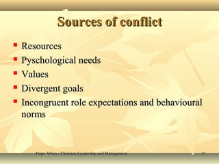 Hope Africa - Christian Leadership and ManagementHope Africa - Christian Leadership and Management 2121
Sources of conflictSources of conflict
 ResourcesResources
 Pyschological needsPyschological needs
 ValuesValues
 Divergent goalsDivergent goals
 Incongruent role expectations and behaviouralIncongruent role expectations and behavioural
normsnorms
 