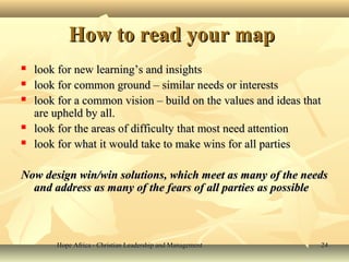 Hope Africa - Christian Leadership and ManagementHope Africa - Christian Leadership and Management 2424
How to read your mapHow to read your map
 look for new learning’s and insightslook for new learning’s and insights
 look for common ground – similar needs or interestslook for common ground – similar needs or interests
 look for a common vision – build on the values and ideas thatlook for a common vision – build on the values and ideas that
are upheld by all.are upheld by all.
 look for the areas of difficulty that most need attentionlook for the areas of difficulty that most need attention
 look for what it would take to make wins for all partieslook for what it would take to make wins for all parties
Now design win/win solutions, which meet as many of the needsNow design win/win solutions, which meet as many of the needs
and address as many of the fears of all parties as possibleand address as many of the fears of all parties as possible
 