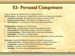 Hope Africa - Christian Leadership and ManagementHope Africa - Christian Leadership and Management 2626
EI- Personal CompetenceEI- Personal Competence
These competencies determine how we manage ourselves.These competencies determine how we manage ourselves.
Self-Awareness -Self-Awareness - Knowing one’s internal states, preferences, resources and intuitionsKnowing one’s internal states, preferences, resources and intuitions
 Emotional Awareness:Emotional Awareness: Recognising one’s emotions and their effectsRecognising one’s emotions and their effects
 Accurate self-assessment :Accurate self-assessment : Knowing one’s strengths and limitsKnowing one’s strengths and limits
 Self-confidence:Self-confidence: A strong sense of ones self worth and capabilitiesA strong sense of ones self worth and capabilities
Self-Regulation -Self-Regulation - Managing one’s internal stateManaging one’s internal state
 Self-control:Self-control: Keeping disruptive emotion and impulses in checkKeeping disruptive emotion and impulses in check
 Trustworthiness:Trustworthiness: Maintaining standards of honesty and integrityMaintaining standards of honesty and integrity
 Conscientiousness:Conscientiousness: Taking responsibility for personal performanceTaking responsibility for personal performance
 Adaptability:Adaptability: Flexibility in handling changeFlexibility in handling change
 Innovation:Innovation: Being comfortable with novel ideas, approaches, and new information.Being comfortable with novel ideas, approaches, and new information.
Motivation -Motivation -Emotional tendencies that guide or facilitate reaching goalsEmotional tendencies that guide or facilitate reaching goals
 Achievement drive:Achievement drive: Striving to improve or meet a standard of excellenceStriving to improve or meet a standard of excellence
 Commitment:Commitment: Aligning with the goals of the group or organisationAligning with the goals of the group or organisation
 Initiative:Initiative: Readiness to act on opportunitiesReadiness to act on opportunities
 Optimism:Optimism: Persistence in pursuing goals despite obstacles and setbacksPersistence in pursuing goals despite obstacles and setbacks
 