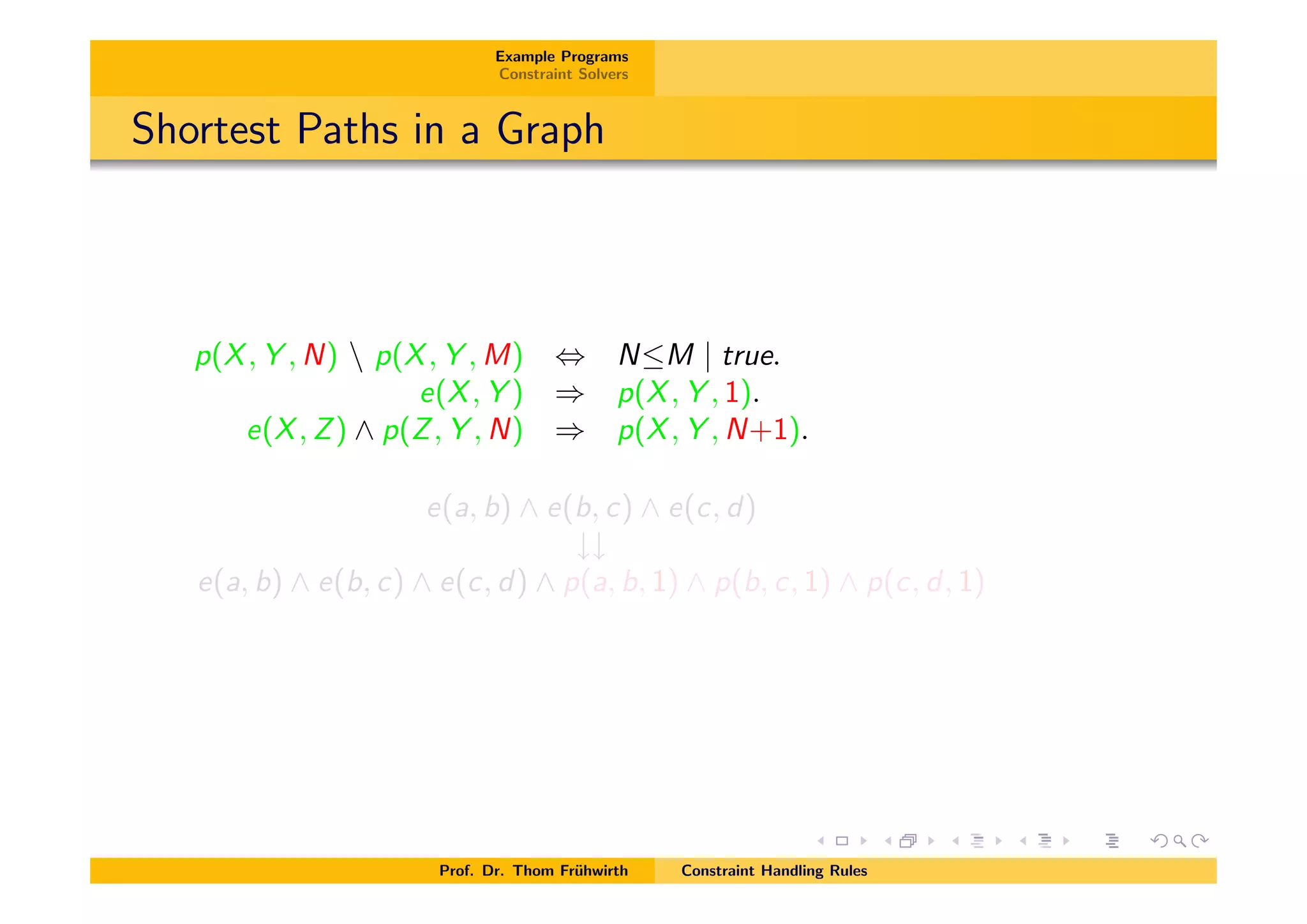 Example Programs
Constraint Solvers
Shortest Paths in a Graph
p(X, Y , N)  p(X, Y , M) , NM | true.
e(X, Y ) ) p(X, Y , 1).
e(X, Z) ^ p(Z, Y , N) ) p(X, Y , N+1).
e(a, b) ^ e(b, c) ^ e(c, d)
##
e(a, b) ^ e(b, c) ^ e(c, d) ^ p(a, b, 1) ^ p(b, c, 1) ^ p(c, d, 1)
Prof. Dr. Thom Fr¨uhwirth Constraint Handling Rules
 