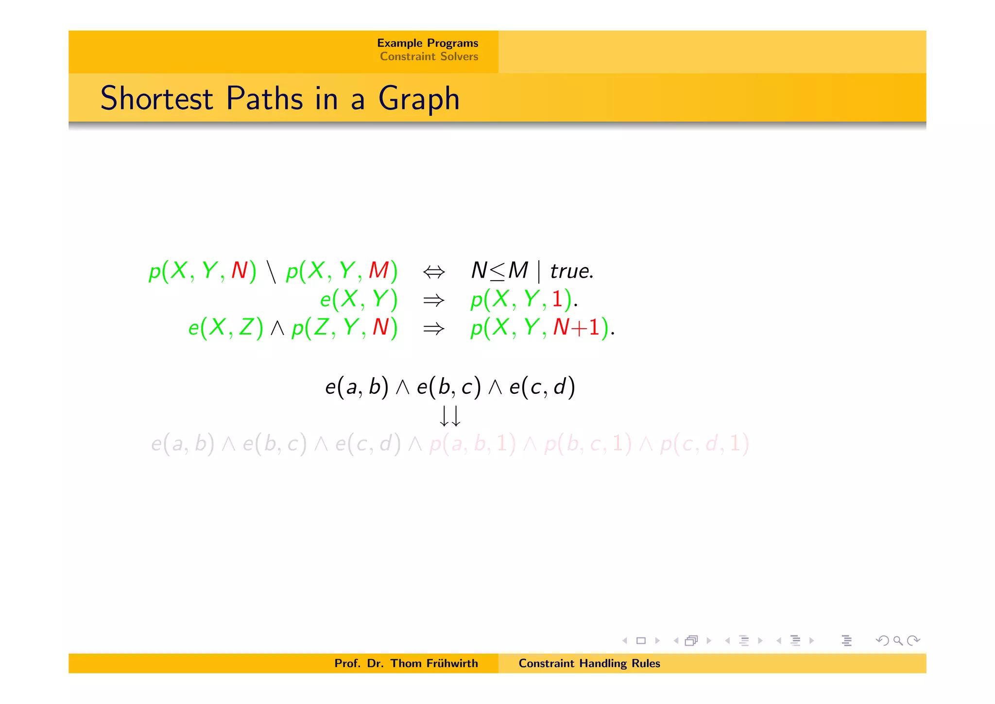 Example Programs
Constraint Solvers
Shortest Paths in a Graph
p(X, Y , N)  p(X, Y , M) , NM | true.
e(X, Y ) ) p(X, Y , 1).
e(X, Z) ^ p(Z, Y , N) ) p(X, Y , N+1).
e(a, b) ^ e(b, c) ^ e(c, d)
##
e(a, b) ^ e(b, c) ^ e(c, d) ^ p(a, b, 1) ^ p(b, c, 1) ^ p(c, d, 1)
Prof. Dr. Thom Fr¨uhwirth Constraint Handling Rules
 