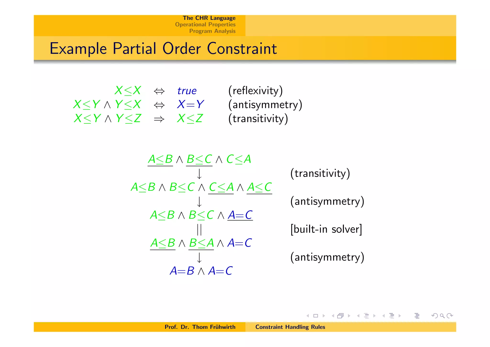 The CHR Language
Operational Properties
Program Analysis
Example Partial Order Constraint
XX , true (reﬂexivity)
XY ^ Y X , X=Y (antisymmetry)
XY ^ Y Z ) XZ (transitivity)
AB ^ BC ^ CA
# (transitivity)
AB ^ BC ^ CA ^ AC
# (antisymmetry)
AB ^ BC ^ A=C
|| [built-in solver]
AB ^ BA ^ A=C
# (antisymmetry)
A=B ^ A=C
Prof. Dr. Thom Fr¨uhwirth Constraint Handling Rules
 