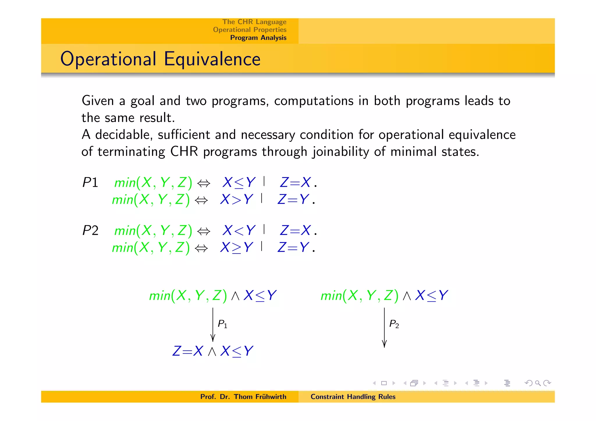 The CHR Language
Operational Properties
Program Analysis
Operational Equivalence
Given a goal and two programs, computations in both programs leads to
the same result.
A decidable, su⌅cient and necessary condition for operational equivalence
of terminating CHR programs through joinability of minimal states.
P1 min(X, Y , Z) , XY Z=X.
min(X, Y , Z) , X>Y Z=Y .
P2 min(X, Y , Z) , X<Y Z=X.
min(X, Y , Z) , X Y Z=Y .
min(X, Y , Z) ^ XY
P1
✏✏
min(X, Y , Z) ^ XY
P2
✏✏
Z=X ^ XY
Prof. Dr. Thom Fr¨uhwirth Constraint Handling Rules
 