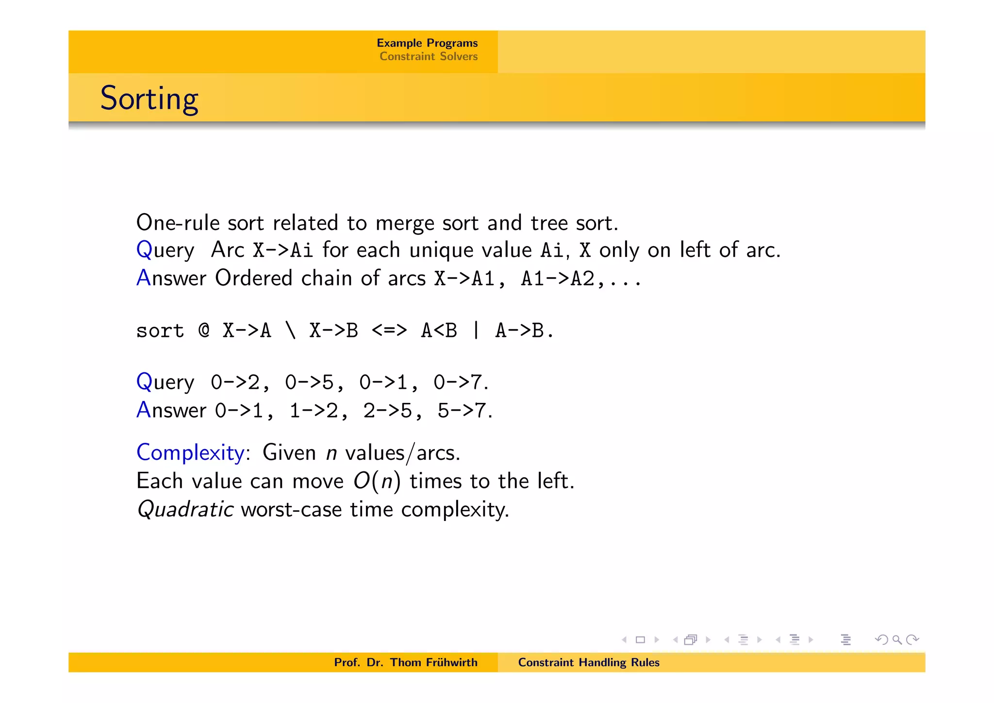 Example Programs
Constraint Solvers
Sorting
One-rule sort related to merge sort and tree sort.
Query Arc X->Ai for each unique value Ai, X only on left of arc.
Answer Ordered chain of arcs X->A1, A1->A2,...
sort @ X->A  X->B <=> A<B | A->B.
Query 0->2, 0->5, 0->1, 0->7.
Answer 0->1, 1->2, 2->5, 5->7.
Complexity: Given n values/arcs.
Each value can move O(n) times to the left.
Quadratic worst-case time complexity.
Prof. Dr. Thom Fr¨uhwirth Constraint Handling Rules
 