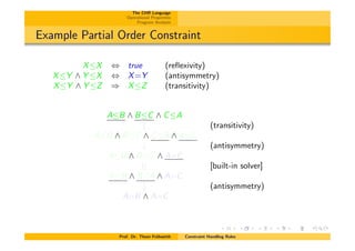 The CHR Language
Operational Properties
Program Analysis
Example Partial Order Constraint
XX , true (reﬂexivity)
XY ^ Y X , X=Y (antisymmetry)
XY ^ Y Z ) XZ (transitivity)
AB ^ BC ^ CA
# (transitivity)
AB ^ BC ^ CA ^ AC
# (antisymmetry)
AB ^ BC ^ A=C
|| [built-in solver]
AB ^ BA ^ A=C
# (antisymmetry)
A=B ^ A=C
Prof. Dr. Thom Fr¨uhwirth Constraint Handling Rules
 