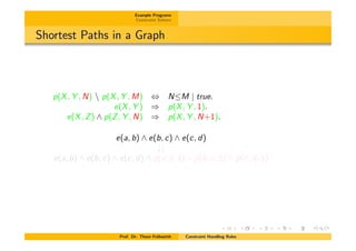Example Programs
Constraint Solvers
Shortest Paths in a Graph
p(X, Y , N)  p(X, Y , M) , NM | true.
e(X, Y ) ) p(X, Y , 1).
e(X, Z) ^ p(Z, Y , N) ) p(X, Y , N+1).
e(a, b) ^ e(b, c) ^ e(c, d)
##
e(a, b) ^ e(b, c) ^ e(c, d) ^ p(a, b, 1) ^ p(b, c, 1) ^ p(c, d, 1)
Prof. Dr. Thom Fr¨uhwirth Constraint Handling Rules
 