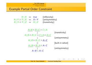 The CHR Language
Operational Properties
Program Analysis
Example Partial Order Constraint
XX , true (reﬂexivity)
XY ^ Y X , X=Y (antisymmetry)
XY ^ Y Z ) XZ (transitivity)
AB ^ BC ^ CA
# (transitivity)
AB ^ BC ^ CA ^ AC
# (antisymmetry)
AB ^ BC ^ A=C
|| [built-in solver]
AB ^ BA ^ A=C
# (antisymmetry)
A=B ^ A=C
Prof. Dr. Thom Fr¨uhwirth Constraint Handling Rules
 