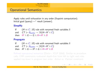 The CHR Language
Operational Properties
Program Analysis
Operational Semantics
Apply rules until exhaustion in any order (ﬁxpoint computation).
Initial goal (query) 7!⇤
result (answer).
Simplify
If (H , C | B) rule with renamed fresh variables ¯x
and CT |= Gbuiltin ! 9¯x(H=H0
^ C)
then H0
^ G 7! G ^ H=H0
^ B
Propagate
If (H ) C | B) rule with renamed fresh variables ¯x
and CT |= Gbuiltin ! 9¯x(H=H0
^ C)
then H0
^ G 7! H0
^ G ^ H=H0
^ B
Reﬁned operational semantics [Duck+, ICLP 2004]: Similar to procedure
calls, CHR constraints evaluated depth-ﬁrst from left to right and rules
applied top-down in program text order. Active vs. Partner constraint.
Prof. Dr. Thom Fr¨uhwirth Constraint Handling Rules
 