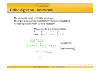The CHR Language
Operational Properties
Program Analysis
Online Algorithm - Incremental
The complete input is initially unknown.
The input data arrives incrementally during computation.
No recomputation from scratch necessary.
Monotonicity and Incrementality
If G 7 ! G0
then G ^ C 7 ! G0
^ C
AB ^ BC ^ CA
# (transitivity)
AB ^ BC ^ AC ^ CA
# (antisymmetry)
AB ^ BC ^ A=C
#
. . .
Prof. Dr. Thom Fr¨uhwirth Constraint Handling Rules
 
