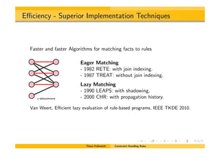 E ciency - Superior Implementation Techniques
Faster and faster Algorithms for matching facts to rules
Eager Matching
- 1982 RETE: with join indexing.
- 1987 TREAT: without join indexing.
Lazy Matching
- 1990 LEAPS: with shadowing.
- 2000 CHR: with propagation history.
Van Weert, E cient lazy evaluation of rule-based programs, IEEE TKDE 2010.
Thom Fr¨uhwirth Constraint Handling Rules
c wikicommons
 