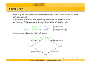 The CHR Language
Operational Properties
Program Analysis
Conﬂuence
Given a goal, every computation leads to the same result no matter what
rules are applied.
A decidable, su⌅cient and necessary condition for conﬂuence of
terminating CHR programs through joinability of critical pairs.
XX , true (reﬂexivity)
XY ^ Y X , X=Y (antisymmetry)
Start from overlapping minimal states
AA ^ AA
reﬂexivity
xxqqqqqqqqqq antisymmetry
&&MMMMMMMMMM
AA
reﬂexivity &&MMMMMMMMMMM A=A
built-inxxqqqqqqqqqqq
true
Prof. Dr. Thom Fr¨uhwirth Constraint Handling Rules
 