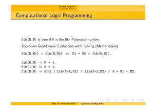 Example Programs
Constraint Solvers
Computational Logic Programming
fib(N,M) is true if M is the Nth Fibonacci number.
Top-down Goal-Driven Evaluation with Tabling (Memoisation)
fib(N,M1) ^ fib(N,M2) , M1 = M2 ^ fib(N,M1).
fib(0,M) ) M = 1.
fib(1,M) ) M = 1.
fib(N,M) ) N 2 | fib(N-1,M1) ^ fib(N-2,M2) ^ M = M1 + M2.
Prof. Dr. Thom Fr¨uhwirth Constraint Handling Rules
 