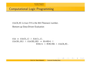 Example Programs
Constraint Solvers
Computational Logic Programming
fib(N,M) is true if M is the Nth Fibonacci number.
Bottom-up Data-Driven Evaluation
fib , fib(0,1) ^ fib(1,1).
fib(N1,M1) ^ fib(N2,M2) ) N1=N2+1 |
N=N1+1 ^ M=M1+M2 ^ fib(N,M).
Prof. Dr. Thom Fr¨uhwirth Constraint Handling Rules
 