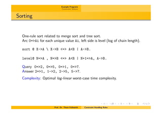 Example Programs
Constraint Solvers
Sorting
One-rule sort related to merge sort and tree sort.
Arc 0=>Ai for each unique value Ai, left side is level (log of chain length).
sort @ X->A  X->B <=> A<B | A->B.
level@ N=>A , N=>B <=> A<B | N+1=>A, A->B.
Query 0=>2, 0=>5, 0=>1, 0=>7.
Answer 2=>1, 1->2, 2->5, 5->7.
Complexity: Optimal log-linear worst-case time complexity.
Prof. Dr. Thom Fr¨uhwirth Constraint Handling Rules
 