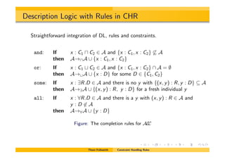 Description Logic with Rules in CHR
Straightforward integration of DL, rules and constraints.
and: If x : C1 u C2 2 A and {x : C1, x : C2} 6✓ A
then A!uA [ {x : C1, x : C2}
or: If x : C1 t C2 2 A and {x : C1, x : C2}  A = ;
then A!tA [ {x : D} for some D 2 {C1, C2}
some: If x : 9R.D 2 A and there is no y with {(x, y) : R, y : D} ✓ A
then A!9A [ {(x, y) : R, y : D} for a fresh individual y
all: If x : 8R.D 2 A and there is a y with (x, y) : R 2 A and
y : D 62 A
then A!8A [ {y : D}
Figure: The completion rules for ALC
Thom Fr¨uhwirth Constraint Handling Rules
 