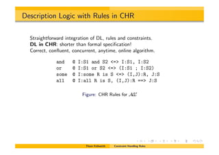 Description Logic with Rules in CHR
Straightforward integration of DL, rules and constraints.
DL in CHR: shorter than formal speciﬁcation!
Correct, conﬂuent, concurrent, anytime, online algorithm.
and @ I:S1 and S2 <=> I:S1, I:S2
or @ I:S1 or S2 <=> (I:S1 ; I:S2)
some @ I:some R is S <=> (I,J):R, J:S
all @ I:all R is S, (I,J):R ==> J:S
Figure: CHR Rules for ALC
Thom Fr¨uhwirth Constraint Handling Rules
 