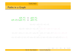 Example Programs
Constraint Solvers
Paths in a Graph
e(X, Y ) ) p(X, Y ).
e(X, Z) ^ p(Z, Y ) ) p(X, Y ).
e(a, b) ^ e(b, c) ^ e(c, d)
##
e(a, b) ^ e(b, c) ^ e(c, d) ^ p(a, b) ^ p(b, c) ^ p(c, d)
##
e(a, b) ^ e(b, c) ^ e(c, d) ^ p(a, b) ^ p(b, c) ^ p(c, d) ^ p(a, c) ^ p(b, d)
##
e(a, b)^e(b, c)^e(c, d)^p(a, b)^p(b, c)^p(c, d)^p(a, c)^p(b, d)^p(a, d)
Prof. Dr. Thom Fr¨uhwirth Constraint Handling Rules
 
