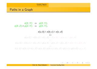 Example Programs
Constraint Solvers
Paths in a Graph
e(X, Y ) ) p(X, Y ).
e(X, Z) ^ p(Z, Y ) ) p(X, Y ).
e(a, b) ^ e(b, c) ^ e(c, d)
##
e(a, b) ^ e(b, c) ^ e(c, d) ^ p(a, b) ^ p(b, c) ^ p(c, d)
##
e(a, b) ^ e(b, c) ^ e(c, d) ^ p(a, b) ^ p(b, c) ^ p(c, d) ^ p(a, c) ^ p(b, d)
##
e(a, b)^e(b, c)^e(c, d)^p(a, b)^p(b, c)^p(c, d)^p(a, c)^p(b, d)^p(a, d)
Prof. Dr. Thom Fr¨uhwirth Constraint Handling Rules
 