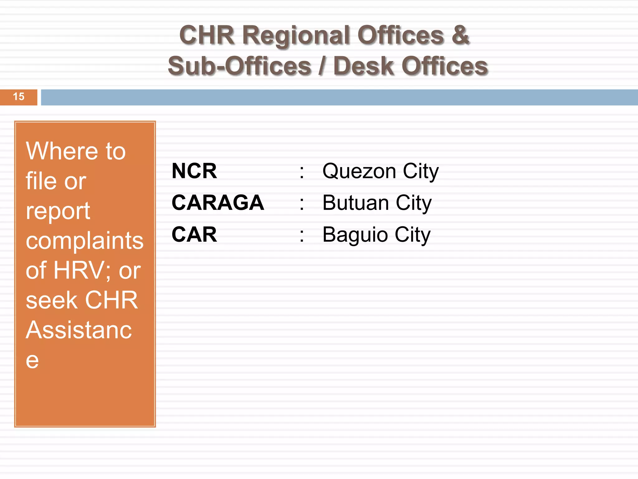 CHR Regional Offices &
Sub-Offices / Desk Offices
Where to
file or
report
complaints
of HRV; or
seek CHR
Assistanc
e
NCR : Quezon City
CARAGA : Butuan City
CAR : Baguio City
15
 