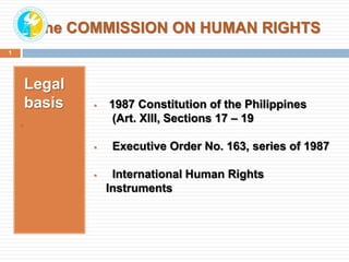 The COMMISSION ON HUMAN RIGHTS
Legal
basis

 1987 Constitution of the Philippines
(Art. XIII, Sections 17 – 19
 Executive Order No. 163, series of 1987
 International Human Rights
Instruments
1
 