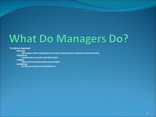 Functional Approach Planning Defining goals, establishing strategies to achieve goals, developing plans to integrate and coordinate activities Organizing Arranging work to accomplish organizational goals Leading Working with and through people to accomplish goals Controlling Monitoring, comparing, and correcting the work 